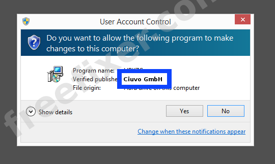 Screenshot where Ciuvo GmbH appears as the verified publisher in the UAC dialog